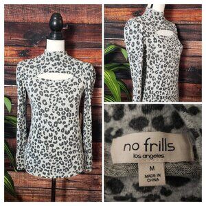 NWT No Frills LA Top M Soft Rayon Long Sleeve Cutout Leopard Gray